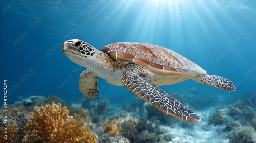 Fototapeta premium A majestic sea turtle glides gracefully through vibrant coral reefs under sparkling sunlight, showcasing marine beauty.