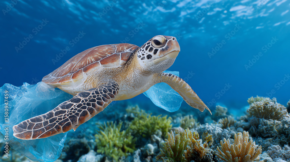 Obraz premium A majestic sea turtle gracefully swims through clear blue waters, surrounded by vibrant coral reefs and marine life.
