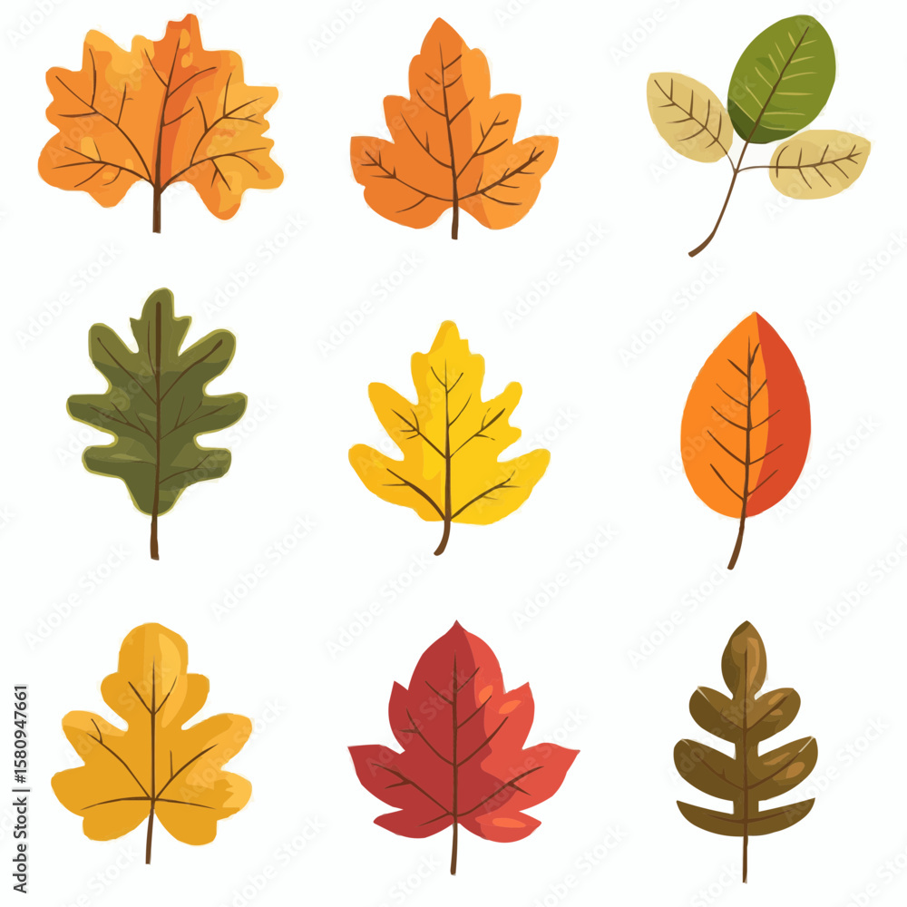 Obraz premium Flat cartoon isolated autumn leaves in warm earthy colors, designed for fall scrapbooking, digital paper, and seasonal printable backgrounds