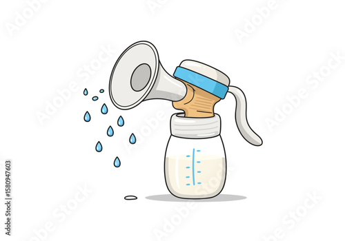 A breast pump collects milk in a bottle Water droplets are visible