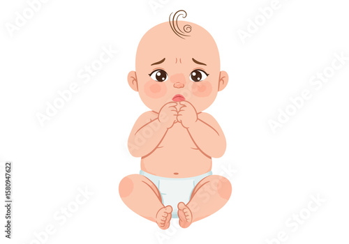 A cartoon baby in a white diaper with sad eyes and its hands near its mouth