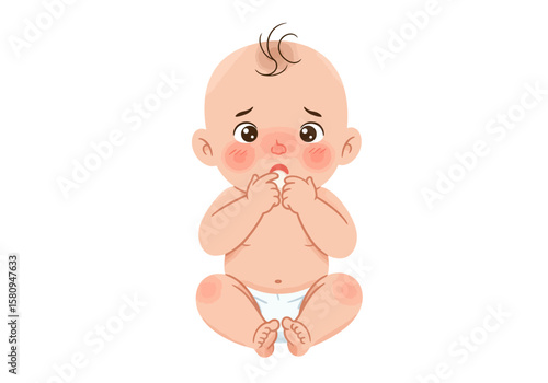 A cartoon baby sits looking upset with red cheeks and fingers in its mouth