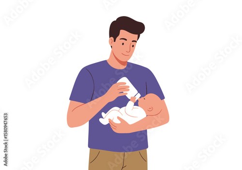 A man feeds a baby with a bottle