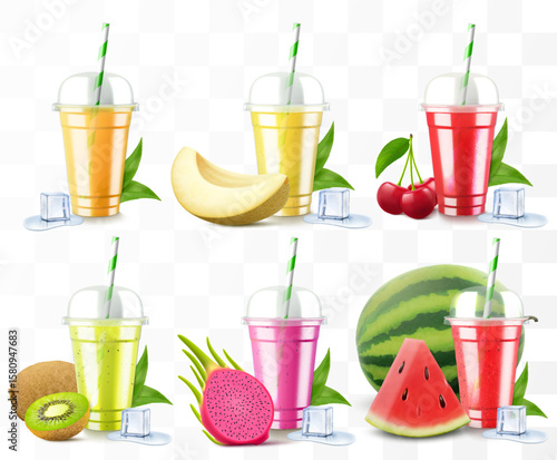 Set of clear plastic cups with juice or smoothie. Cup with sphere dome cap for milkshake, lemonade. Fruity organic shake with different exotic fruits. Fruit cocktail. Realistic 3d vector template