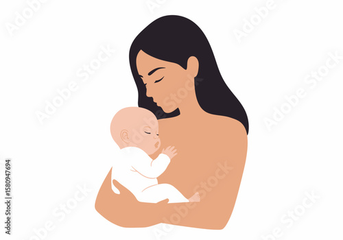 A mother cradles a baby in her arms both appearing peaceful and relaxed
