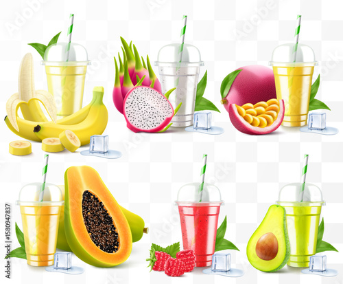 Set of clear plastic cups with juice or smoothie. Cup with sphere dome cap for milkshake, lemonade. Fruity organic shake with different exotic fruits. Fruit cocktail. Realistic 3d vector template