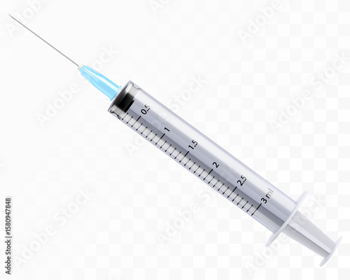 Syringe medical icon isolated on white background, hospital injection equipment. Vaccine sign, pharmacy healthcare treatment, plastic tool with needle. syringe 3 ml. 3D realistic vector illustration