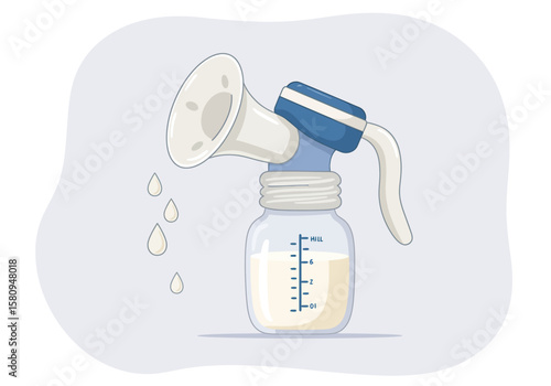 Breast pump with milk in a bottle and drops falling nearby