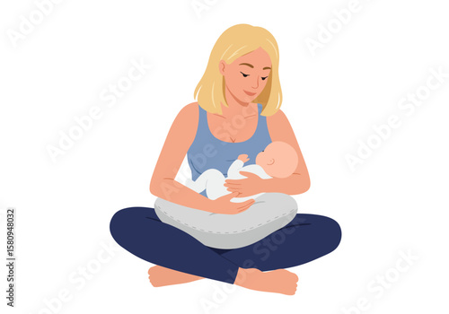 Cartoon woman sits crosslegged holding baby on pillow looking down lovingly