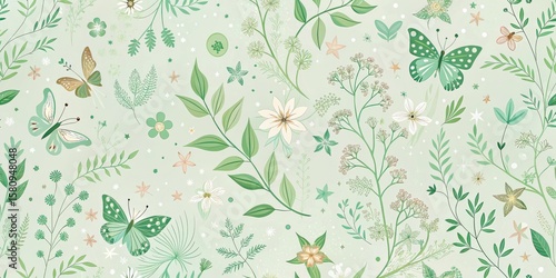 Serene Botanical Illustration Featuring Delicate Butterflies and Lush Greenery on a Soft Mint Background