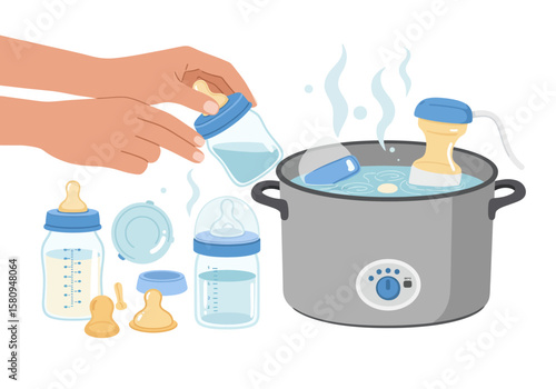 Hands sterilizing baby bottles and breast pump parts in a pot of boiling water