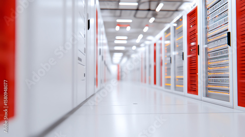A modern data center featuring rows of server racks with vibrant red accents  showcasing the future of digital storage and computing.