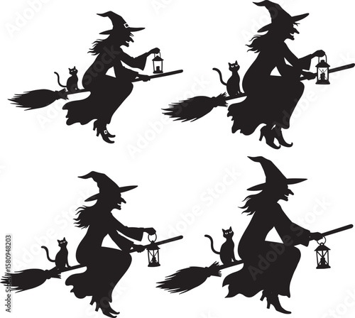 Four halloween witches flying on broomsticks with cats silhouette