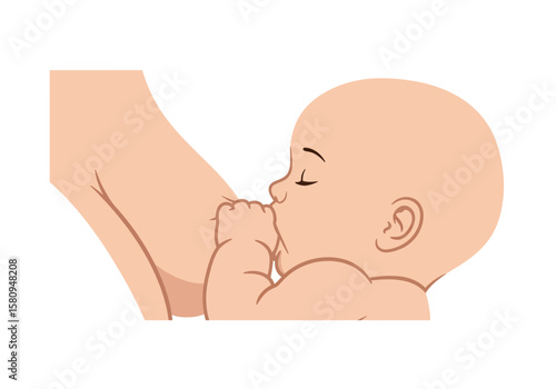 Side view of a baby breastfeeding eyes closed latched to a breast