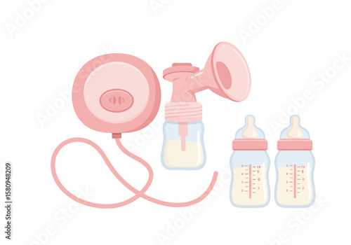 Pink breast pump with cord bottle and two full baby bottles