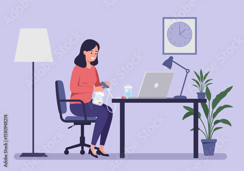 Seated woman using breast pump beside a laptop desk lamp clock  potted plants in a light purple room