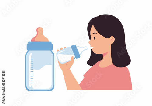 Woman drinking from baby bottle A full baby bottle sits next to her