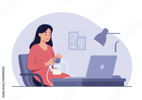Woman in red pumps breast milk while at desk with laptop and lamp in office setting
