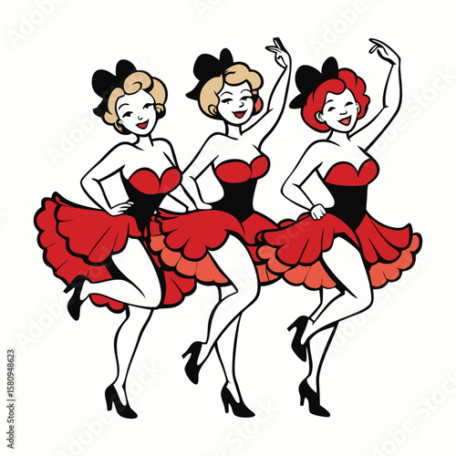 Elegant retro showgirls in vibrant costumes dance the lively cancan with high kicks and dazzling smiles, capturing the spirited charm of vintage cabaret flair.
