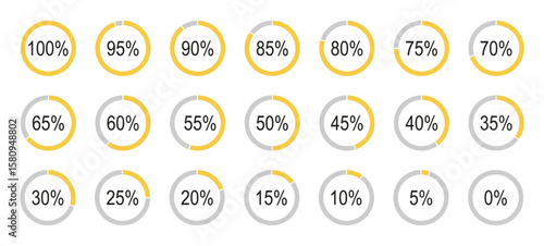 Round percentage diagrams icons for infographics from 0 to 100 percent. Yellow, grey color fill divided pie charts indicators. Circle graph loading progress icons.