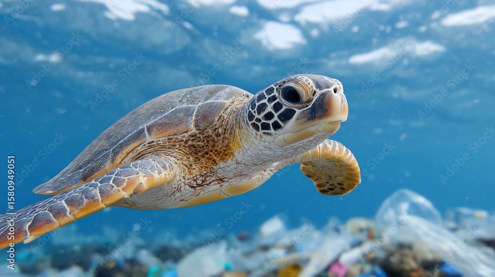 Fototapeta premium A sea turtle gracefully swims through clear waters, showcasing the beauty and fragility of marine life in its natural habitat.