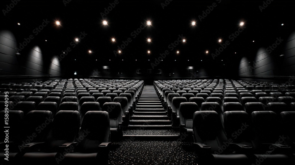 Obraz premium Empty cinema auditorium with rows of dark seats and bright ceiling lights illuminating the space, creating a dramatic and cinematic atmosphere.
