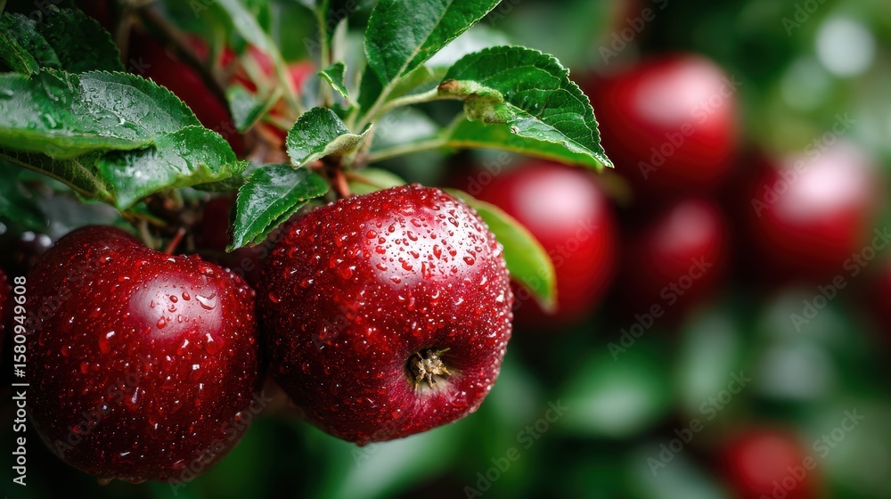 Obraz premium Red Apples on Branch with Water Droplets