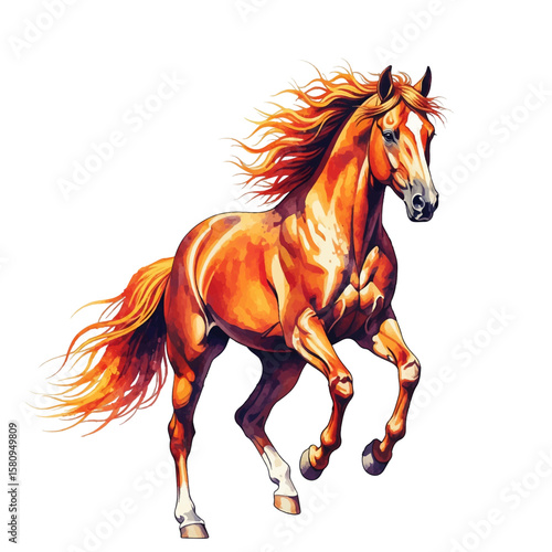 Chestnut fire color horse in mid-stride vector illustration, flowing mane and tail in shades of orange and red, suggesting motion and power. 2026 New Year symbol - fire horse running.