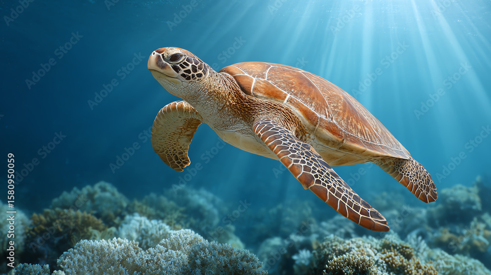 Obraz premium A serene underwater scene featuring a green sea turtle gracefully swimming among vibrant coral reefs.