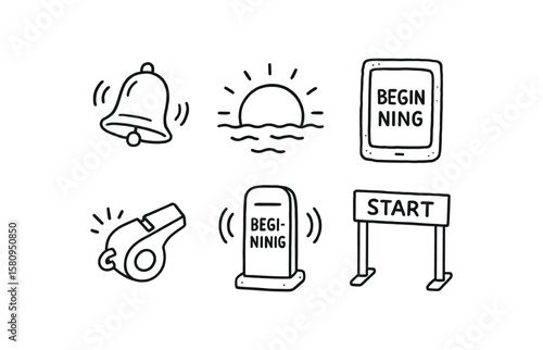 hand drawn cute doodle style isolated beginning commencement bell beginning crest horizon beginning genesis tablet beginning kickoff whistle beginning threshold sensor beginning start gate