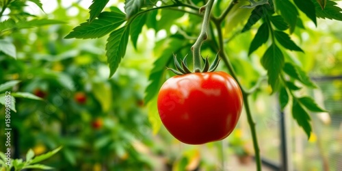 Ripe red tomato hanging on vine inside a lush green greenhouse, tomato, homegrown