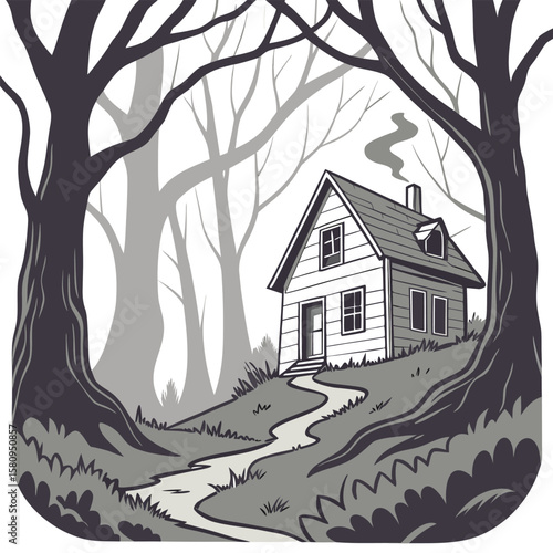 A monochrome illustration of a house with smoke coming from the chimney surrounded by bare trees and a path