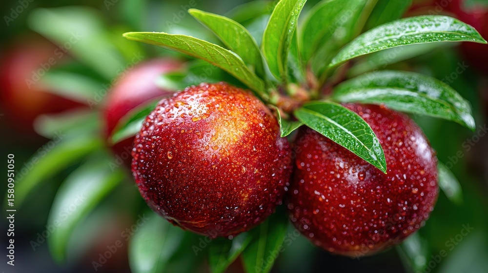 Obraz premium Red Bayberry Fruit on Tree with Raindrops