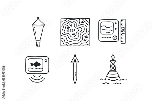 hand drawn cute doodle style isolated sea plankton sampler sea reef topography map sea tide gauge sea sonar scanner sea sediment corer sea navigation beacon