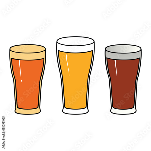 Three glasses with different kinds of light beer: golden pilsner, pale ale, and wheat beer, each with frothy heads, glowing in warm, inviting light.
