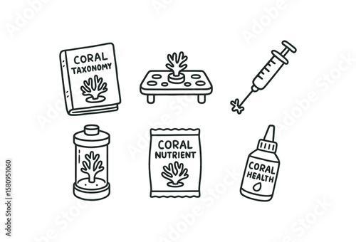 hand drawn cute doodle style isolated coral taonomy guidebook coral frag plug holder coral feeding syringe coral calcium reactor tube coral nutrient supplement packet coral health dye marker