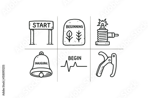 hand drawn cute doodle style isolated beginning start gate beginning genesis tablet beginning ignition coil beginning inaugural bell beginning arol pulse beginning trigger latch