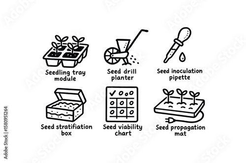 hand drawn cute doodle style isolated seedling tray module seed drill planter seed inoculation pipette seed stratification bo seed viability chart seed propagation mat