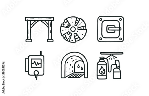 hand drawn cute doodle style isolated tunnel support beam tunnel boring machine cutter tunnel access hatch tunnel seismic sensor tunnel drainage system tunnel fire suppression