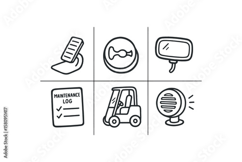 hand drawn cute doodle style isolated forklift operator foot pedal forklift operator horn button forklift operator rearview mirror forklift operator maintenance log forklift operator