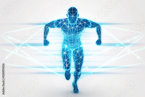 Digital Runner: Low-Poly Humanoid Figure in Dynamic Motion with Glowing Lines Overlay on White
