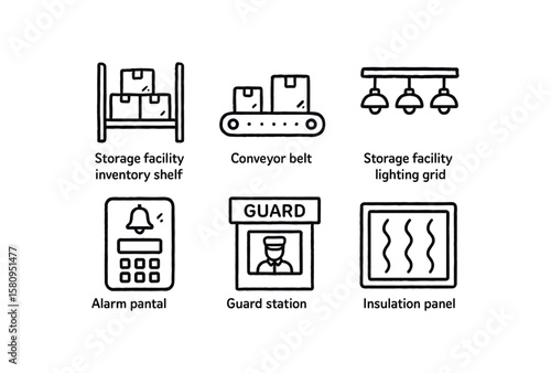 hand drawn cute doodle style isolated storage facility inventory shelf storage facility conveyor belt storage facility ing storage facility alarm panel storage facility guard station