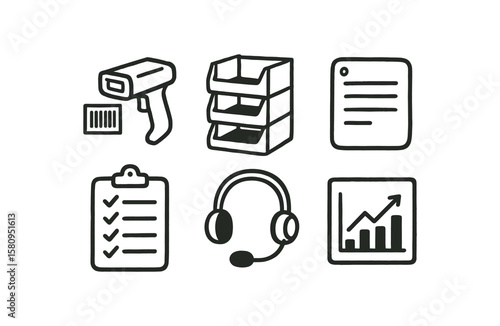 hand drawn cute doodle style isolated picker barcode gun picker storage bins picker inde card picker assignment board picker voice headset picker performance chart