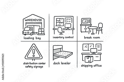 hand drawn cute doodle style isolated distribution center loading bay distribution center inventory control room distribution center break room distribution center safety signage