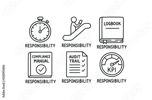 hand drawn cute doodle style isolated responsibility task timer responsibility escalator phone responsibility logbook responsibility compliance manual responsibility audit trail