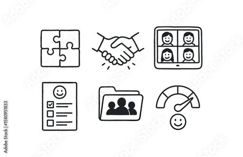 hand drawn cute doodle style isolated teamwork puzzle pieces teamwork handshake icon teamwork video call screen teamwork feedback form teamwork sha drive teamwork rapport meter