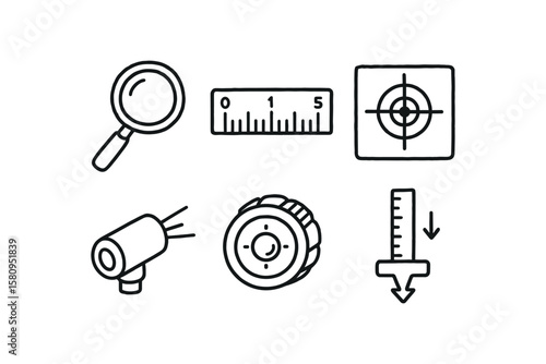 hand drawn cute doodle style isolated focus magnifier glass focus metric scale focus calibration chart focus alignment laser focus adjustment knob focus depth gauge