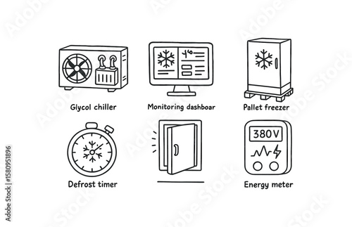 hand drawn cute doodle style isolated cold storage glycol chiller cold storage monitoring dashboard cold storage pallet freezer cold storage defrost timer cold storage gasket seal cold