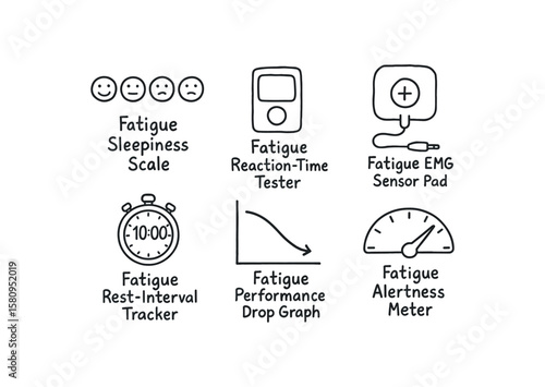 hand drawn cute doodle style isolated fatigue sleepiness scale fatigue reaction time tester fatigue EMG sensor pad fatigue rest interval tracker fatigue performance drop graph fatigue