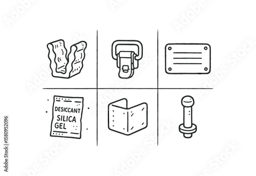 hand drawn cute doodle style isolated cargo crate shock mount r cargo crate seal latch cargo crate label plate cargo crate moisture absorber cargo crate corner protector cargo crate